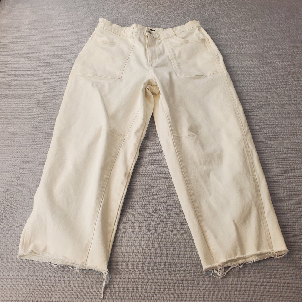 Free Assembly Utility Pants Womens 16 Cream Raw Hem Wide Leg Stretch Denim
